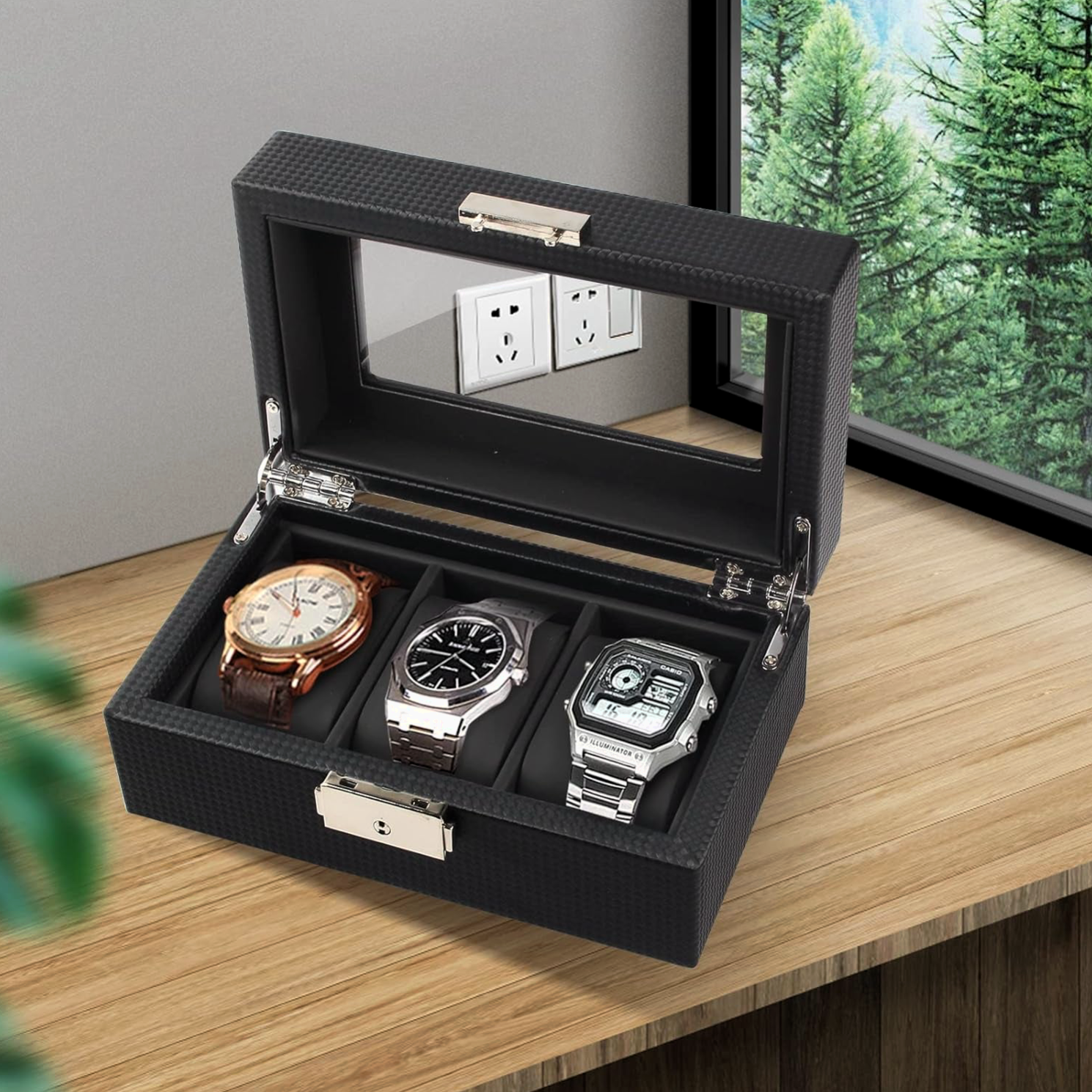 elegante-caja-relojes-carbono-compartimientos-5 elegante caja relojes carbono compartimientos